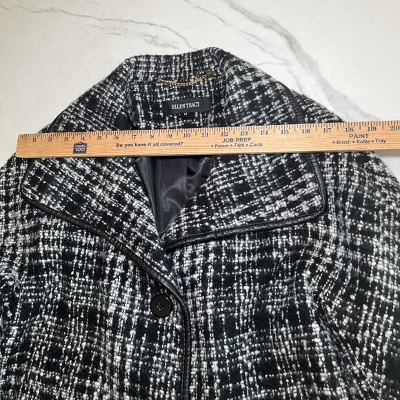 ELLEN TRACY Houndstooth Wool Blend Pea Coat Black Ivory Textured Lined Sz 14 NWT - Picture 3 of 16